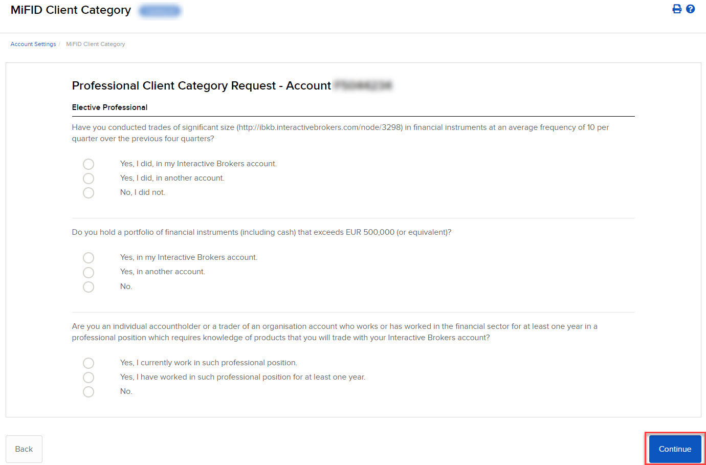 The MIFID category professional client request panel in org. portal. 